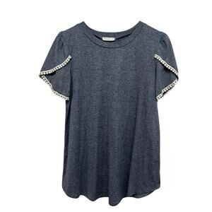 REB. in J. 220 Gray Soft Knit Flutter Sleeve Top S Crochet Trim‎ Boho Minimalist